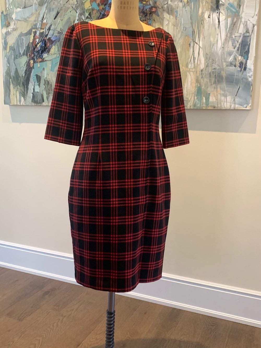 Red & Black Plaid Midi Sheath Dress